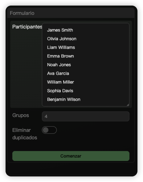 Ingresa los nombres de los participantes en el cuadro de texto